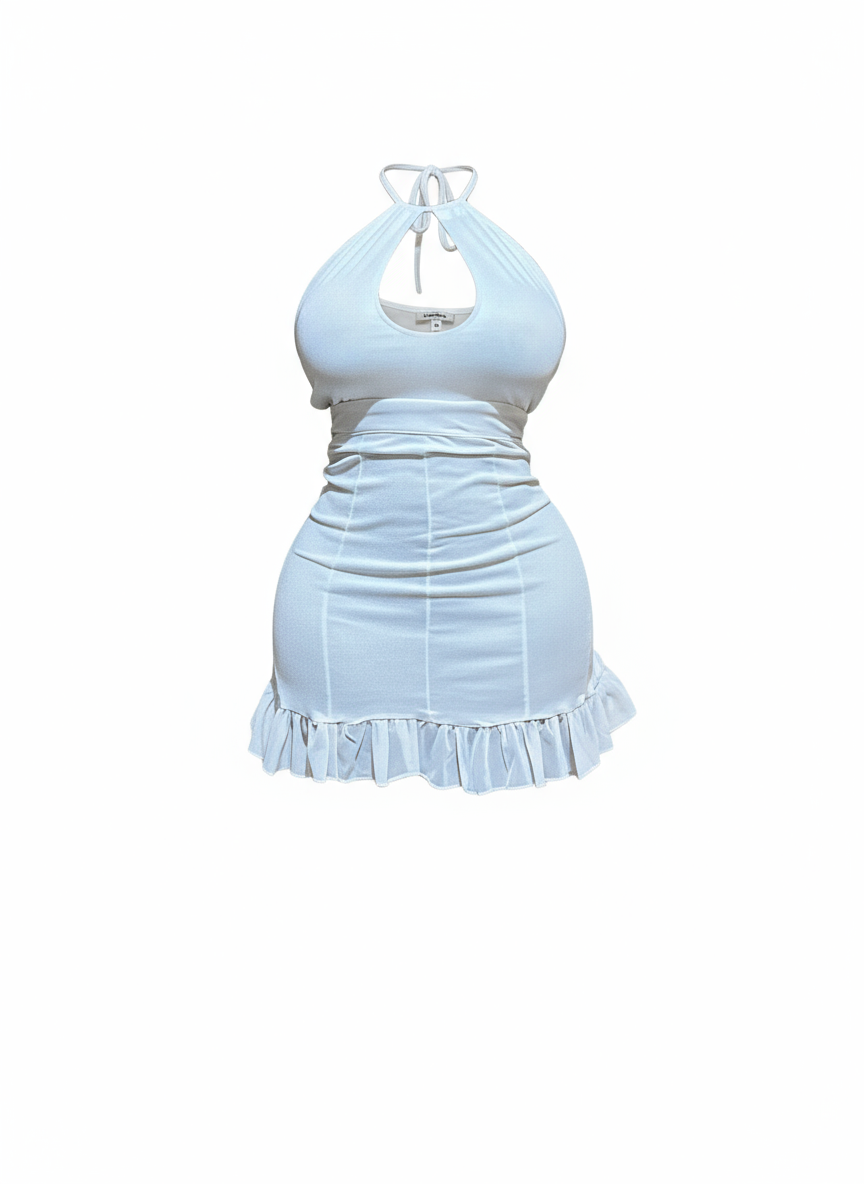 Angel White Halter Neck Ruffle Mini Dress | Keyhole Wrap Detail | MYCA