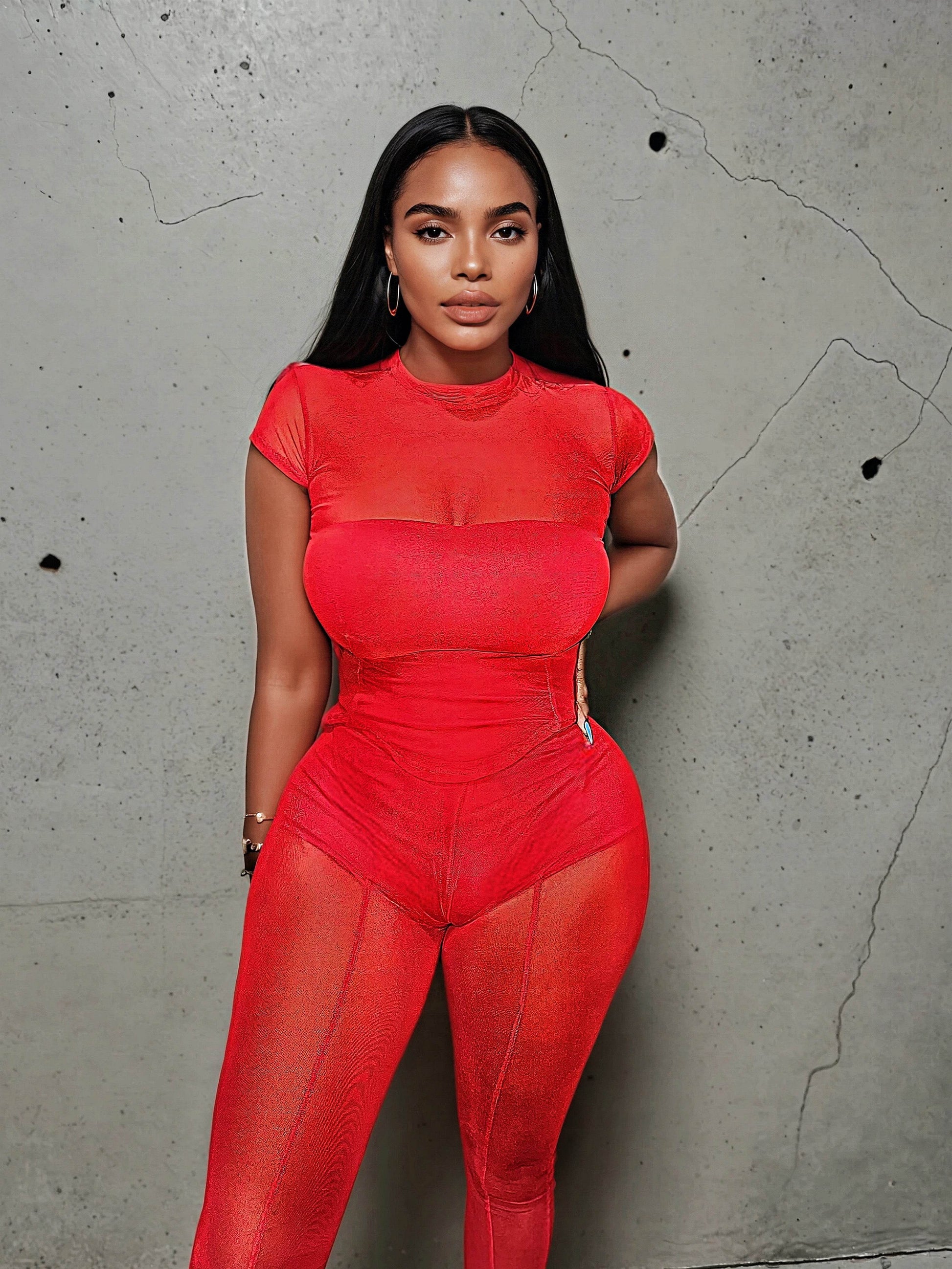 Model poses confidently in a fitted carnelian red mesh three piece set featuring a sheer cap short sleeve top and high-waisted leggings with built-in contour paneling. The bold color and body-hugging fit highlight a confident, fashion-forward silhouette against a raw concrete backdrop.
