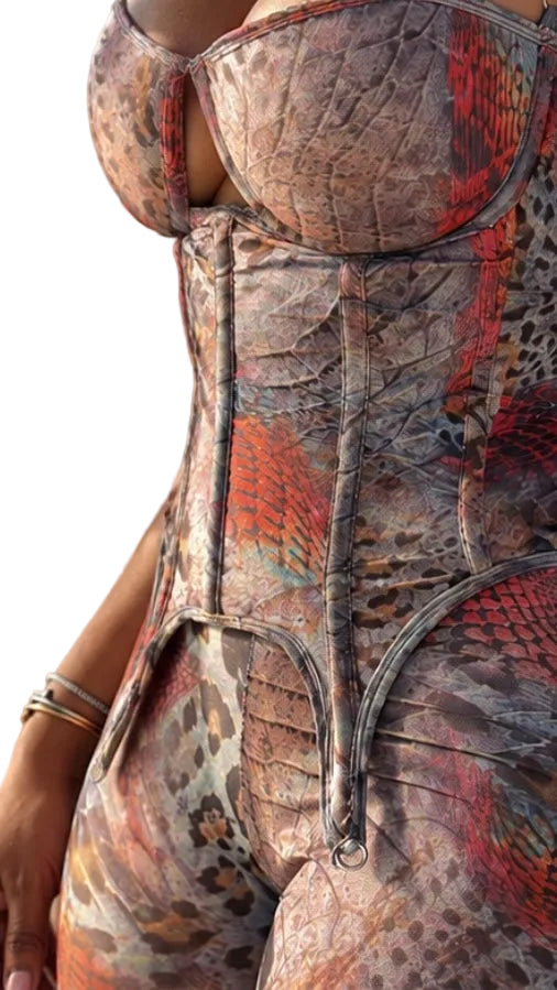 MYCA WILDSKIN CORSET SET detail showing the structured corset, curved seams, suspended loops and exclusive double printed mesh in the original WildSkin print