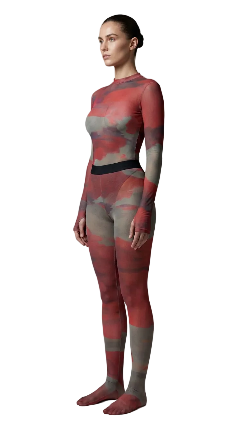 Side angle studio shot of a model wearing a high-neck sheer abstract print Superior Agate Secondskin Burgundy MYCA matching set