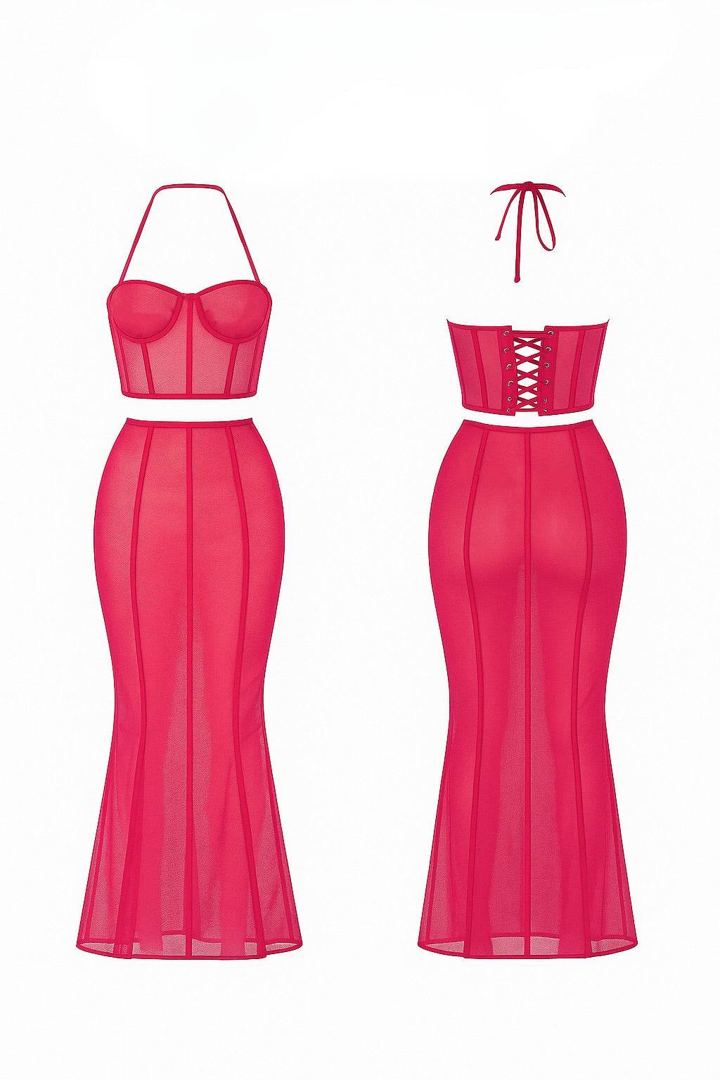 Pink Opal Halter Neck Corset
“Hot pink halter neck corset with structured cups and contour seams by MYCA”

Pink Opal Seamed Mermaid Skirt
“Hot pink high-waisted mermaid skirt with vertical seams by MYCA”