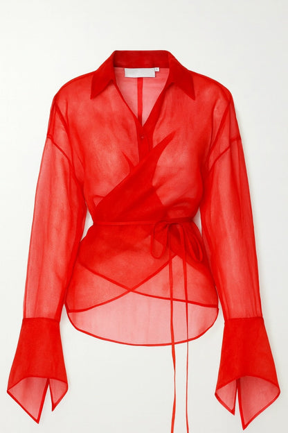 Silk Liquid Organdy Tie-Wrap Co-ord Set | Sheer Blouse & Shorts | MYCA