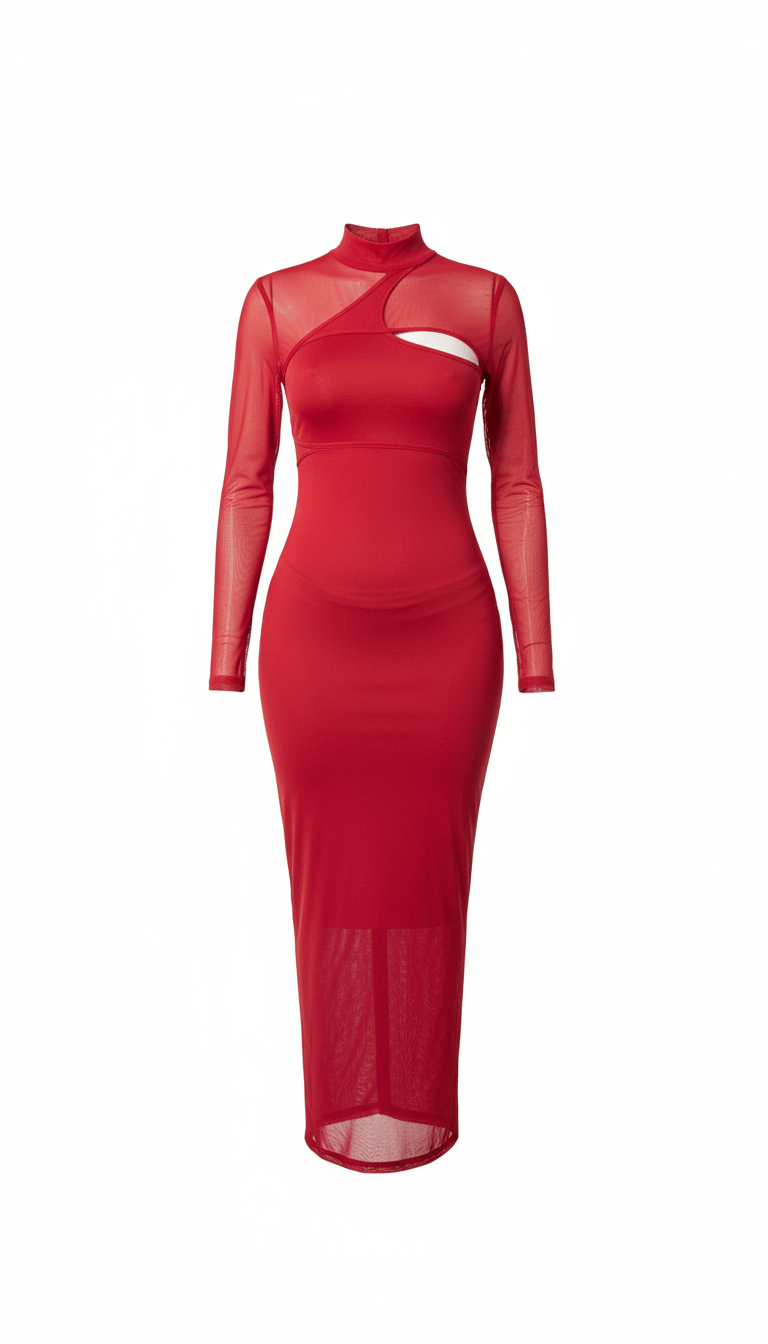 Superior Agate Red 2-Piece Midi Dress Set | Mesh & Lycra Co-ord | MYCA