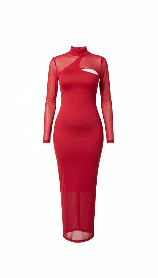 Superior Agate Red 2-Piece Midi Dress Set | Mesh & Lycra Co-ord | MYCA