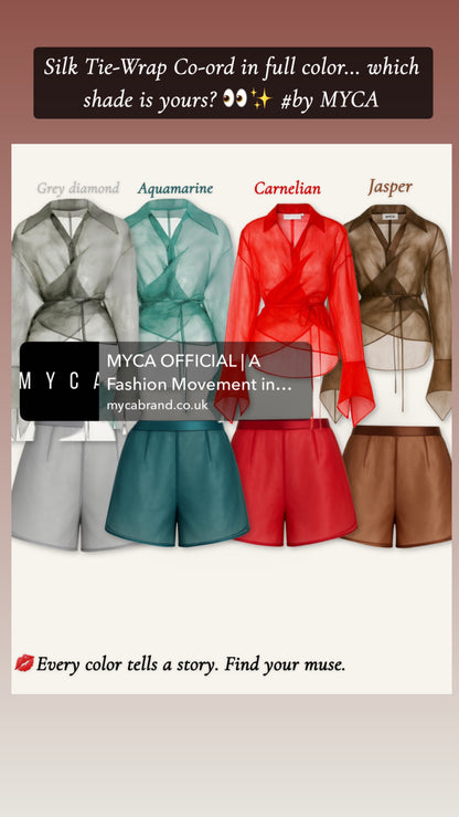 Silk Liquid Organdy Tie-Wrap Co-ord Set | Sheer Blouse & Shorts | MYCA