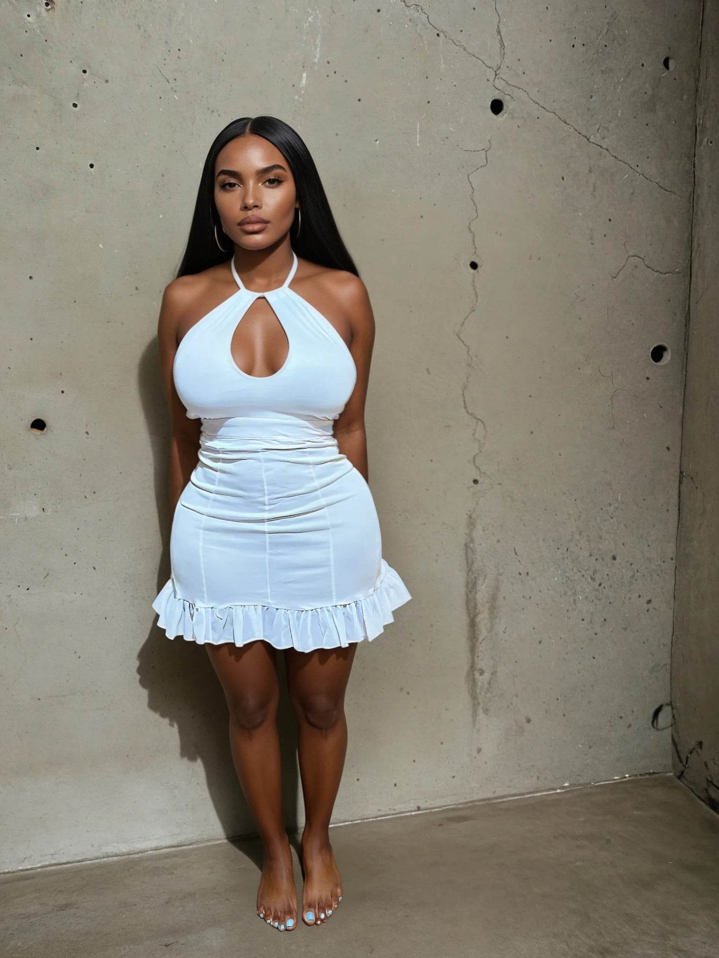 ANGEL QUARTZ Ruffle Mini Dress - Stretch Open Front Halter Mini Dress - MYCA 