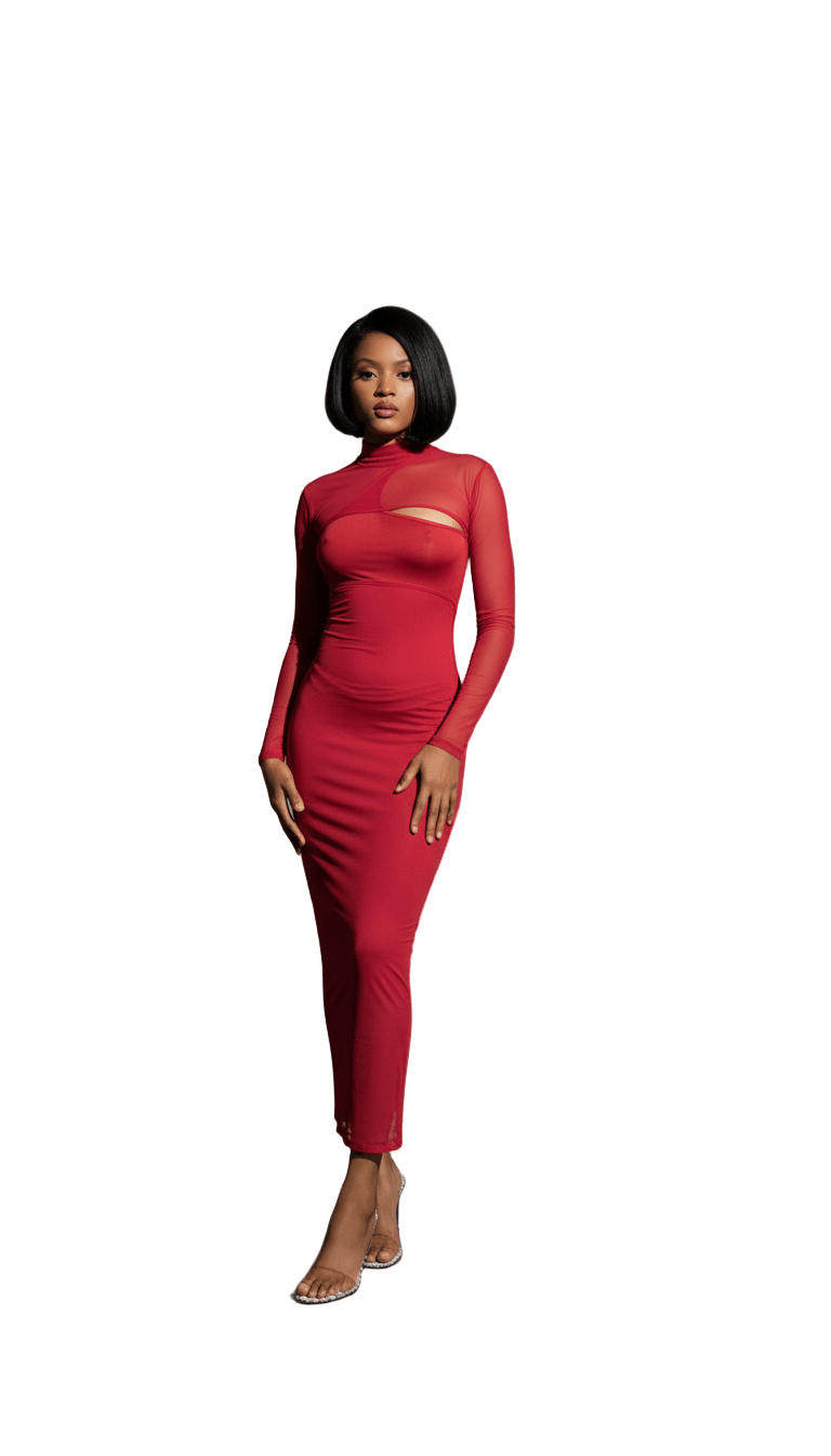 Superior Agate Red 2-Piece Midi Dress Set | Mesh & Lycra Co-ord | MYCA