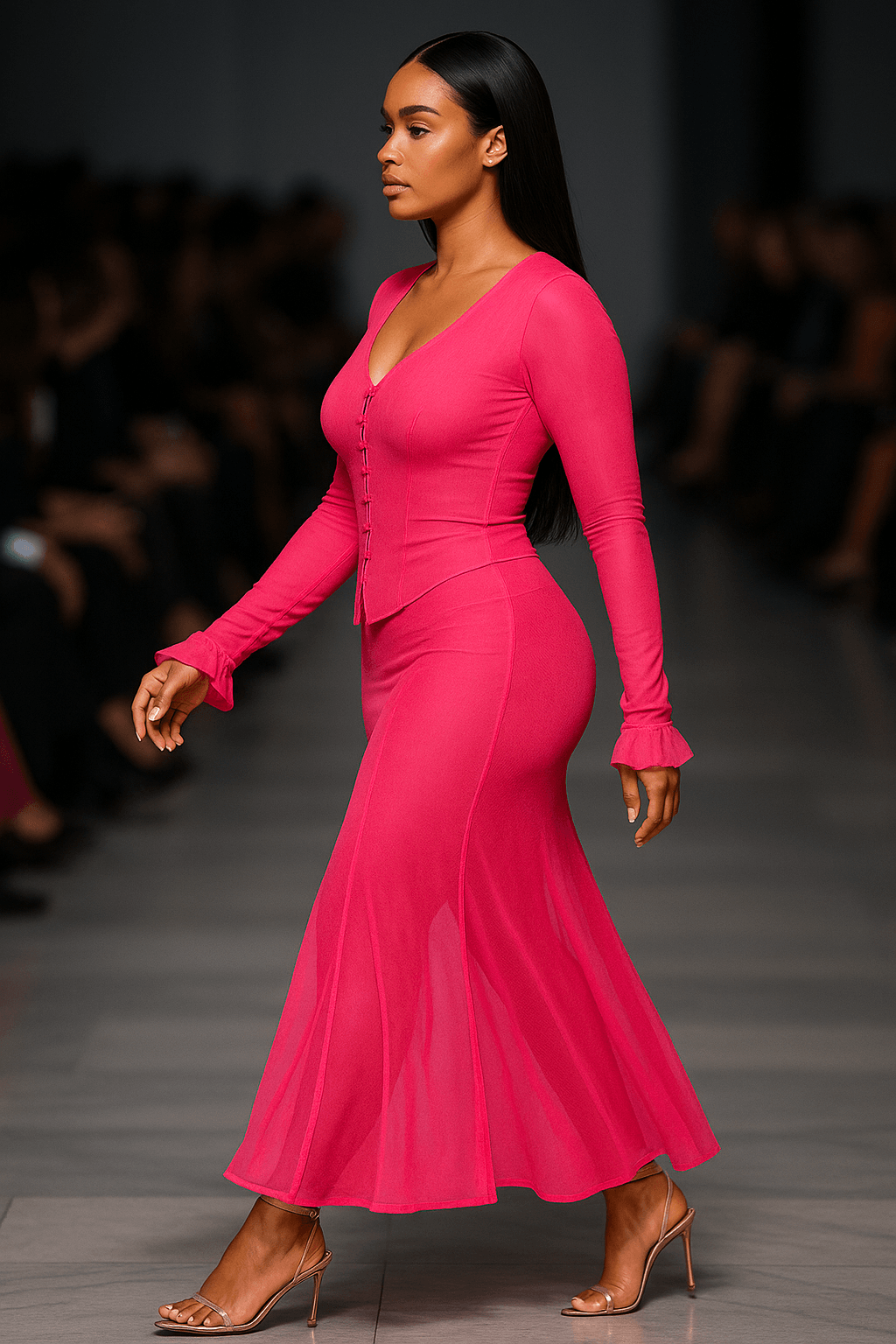 “MYCA Pink Opal two- piece set including ruffle cuffs top, and seamed mermaid skirt”