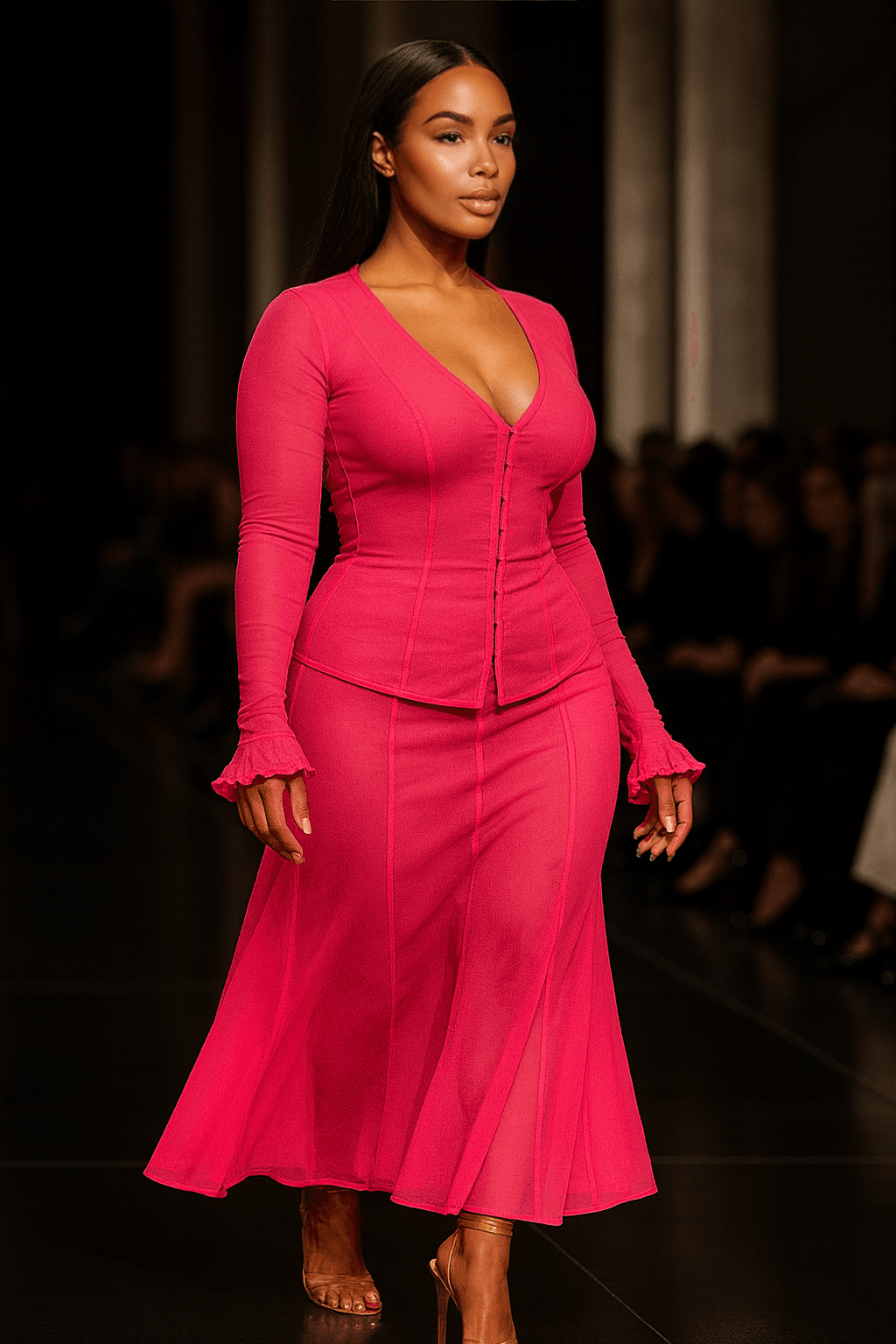 “MYCA Pink Opal two- piece set, including ruffle cuffs top, and seamed mermaid skirt
