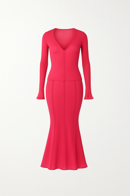 “MYCA Pink Opal two-piece set including ruffle cuffs top, and seamed mermaid skirt”