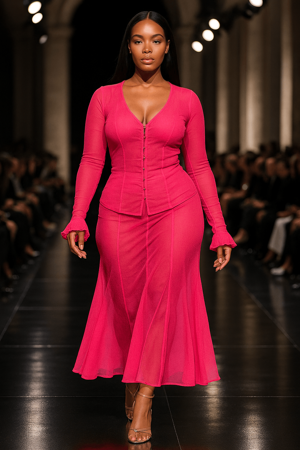“MYCA Pink Opal two- piece set including ruffle cuffs top, and seamed mermaid skirt “