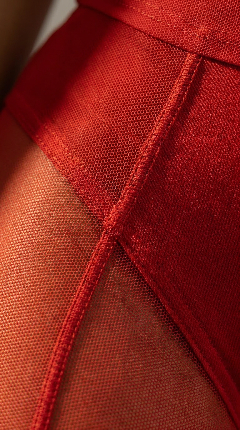 Close-up of a myca carnelian red mesh panelled fabric overlay