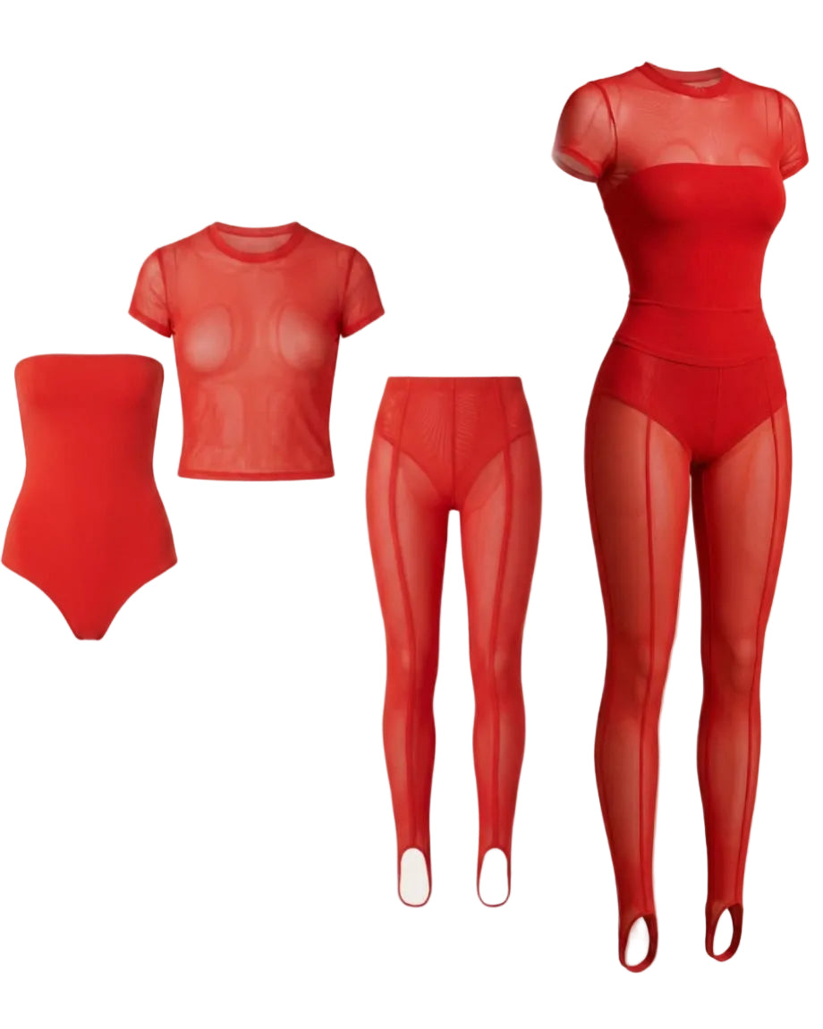 Myca carnelian red 3 piece set  bodysuit and leggings set on a ghost mannequin 