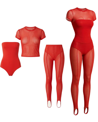 Myca carnelian red 3 piece set  bodysuit and leggings set on a ghost mannequin 