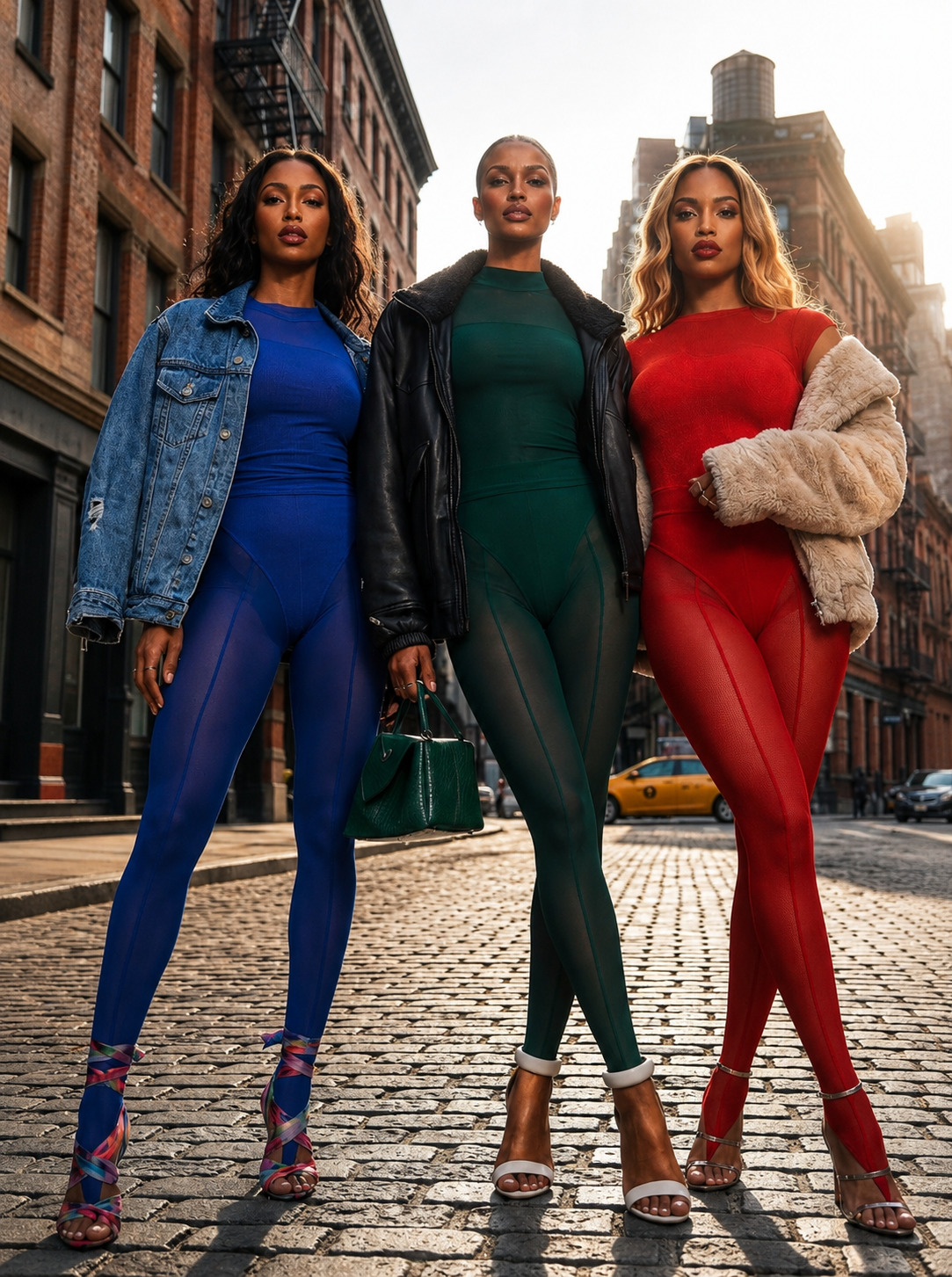 Three women wearing all colors of MYCA signature secondskin outfits standing on a city street.