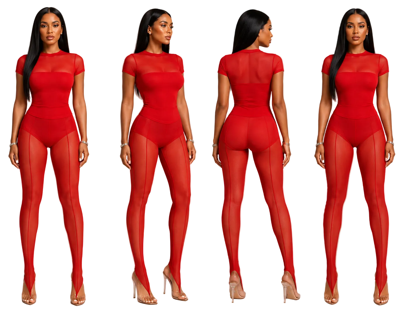 Myca Carnelian 3-Piece Sheer Red Mesh Set - Front, Side, and Back View⁠