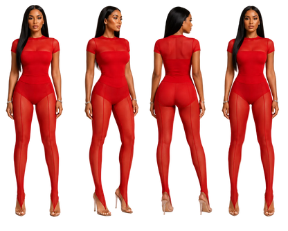 Myca Carnelian 3-Piece Sheer Red Mesh Set - Front, Side, and Back View⁠