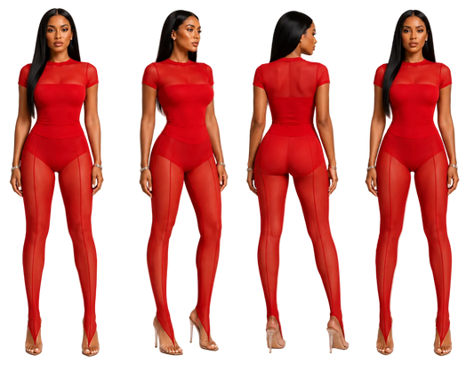 Myca Carnelian 3-Piece Sheer Red Mesh Set - Front, Side, and Back View⁠