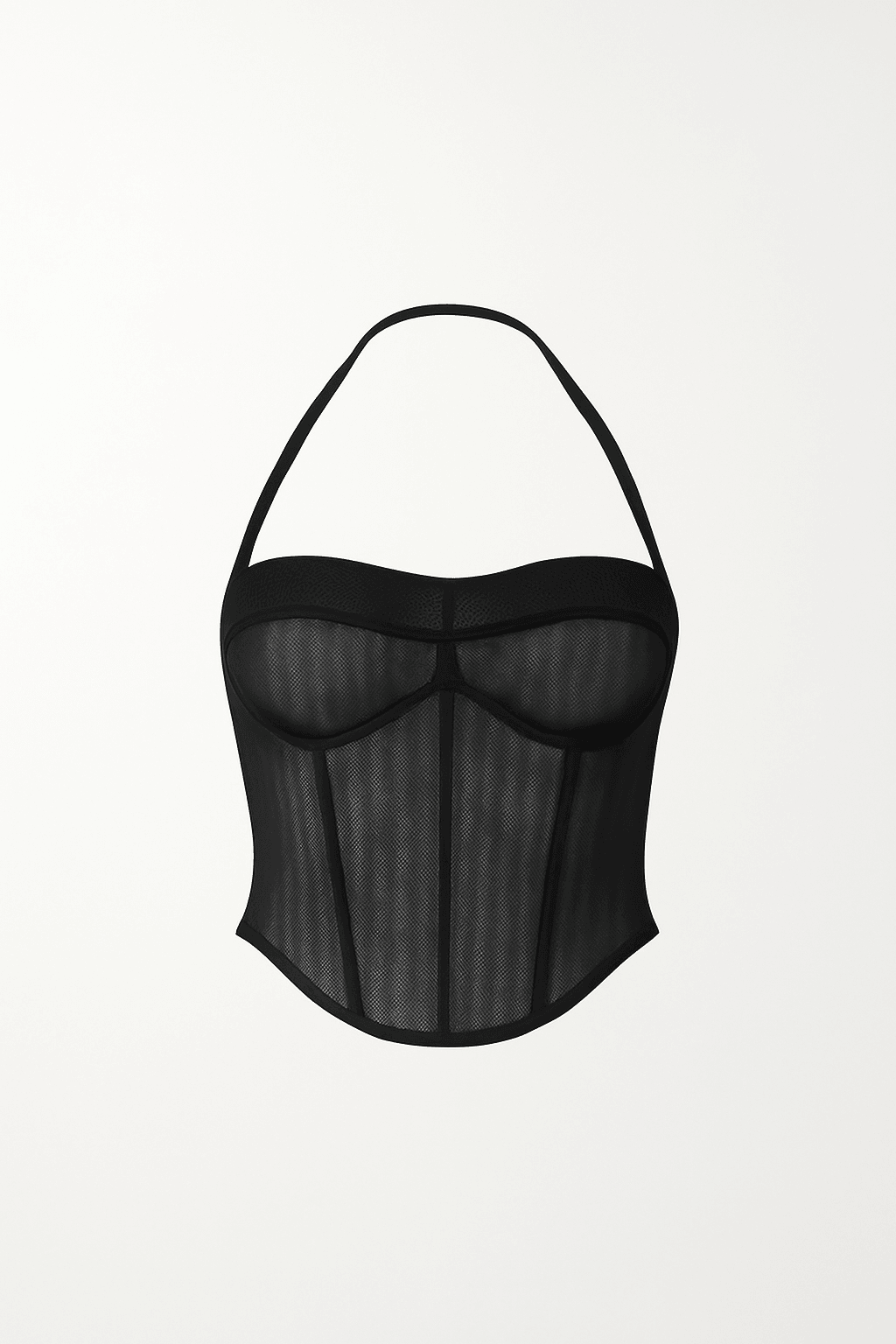 Black halter neck corset with structured and contoured seams by MYCA”