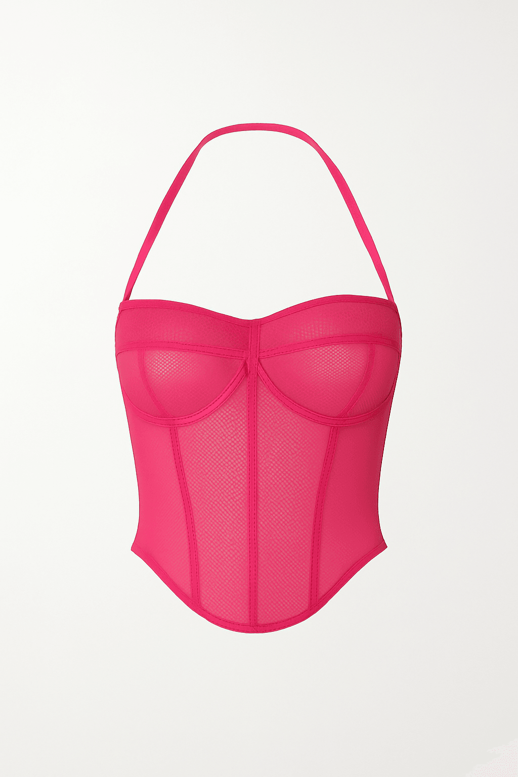 “Hot pink halter neck corset with structured cups and contour seams by MYCA”