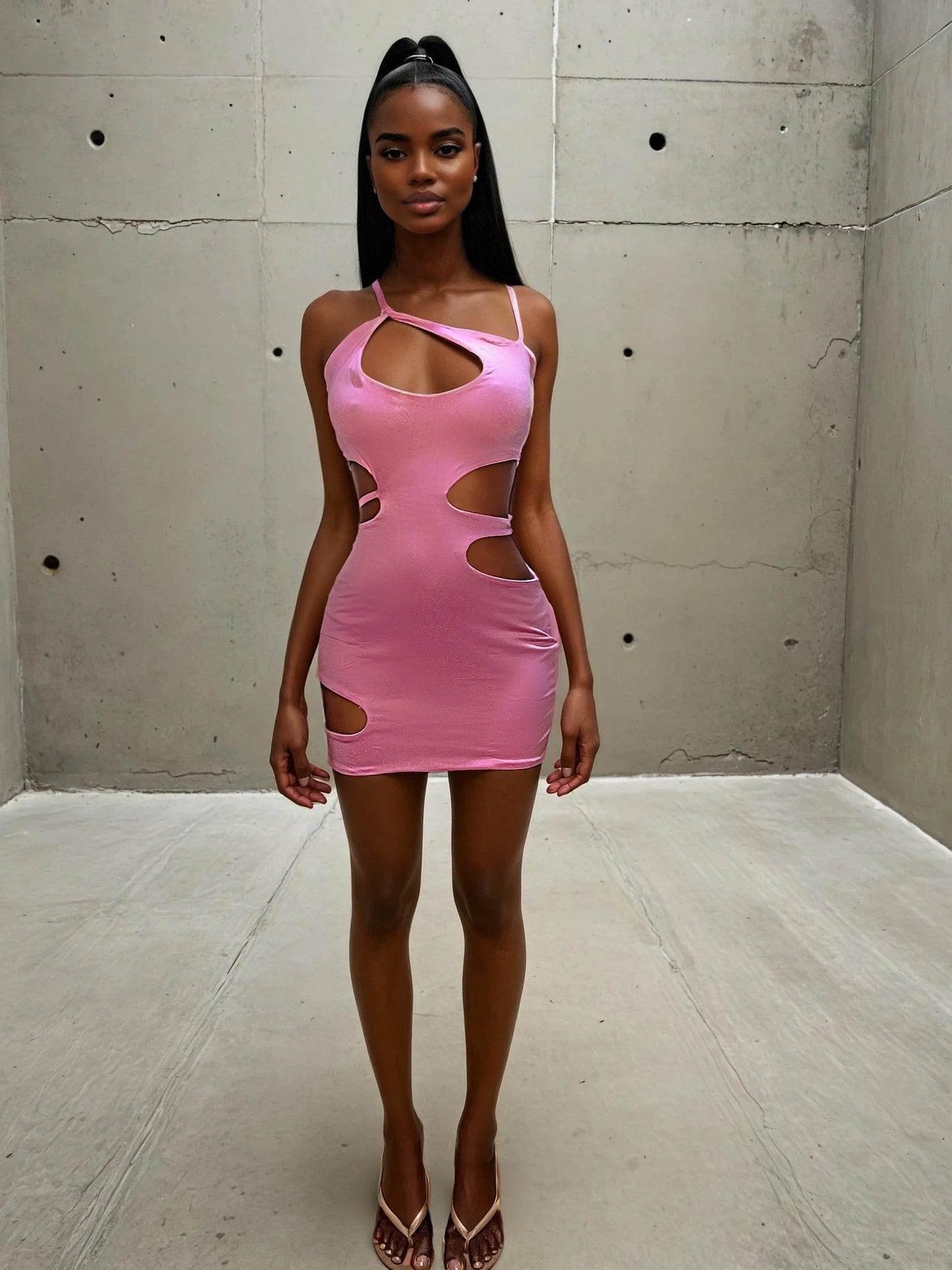 Model showcasing a hot pink cut-out mini dress featuring asymmetric shoulder straps, strategic side slashes, and a bold chest keyhole cut-out. Crafted from a glossy stretch fabric, the dress sculpts the body and channels early-2000s revival energy. Paired with nude heels and sleek straight hair, styled against a minimalist concrete backdrop.