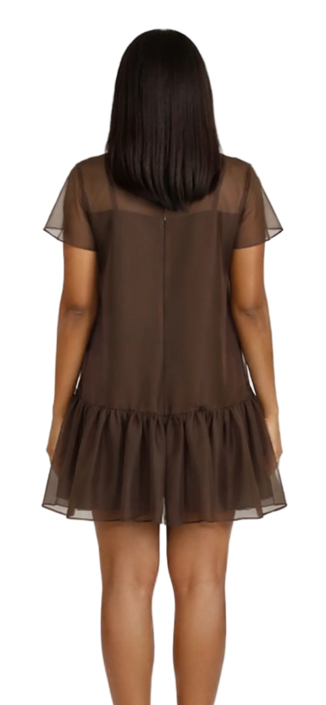 Back view Brown sheer dress with ruffled hem on a white background