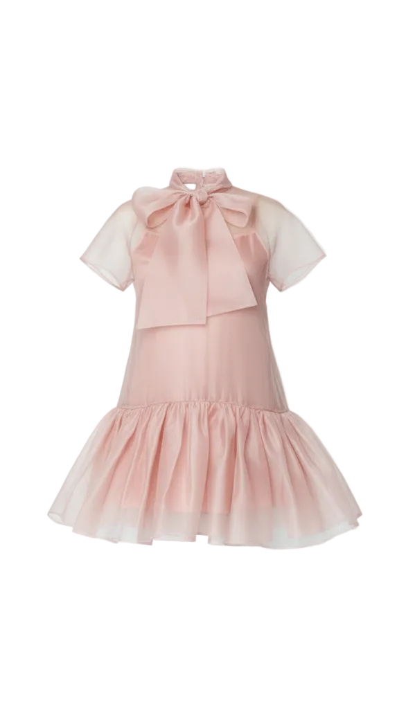 Ghost mannequin Pink dress with a bow neckline on a white background