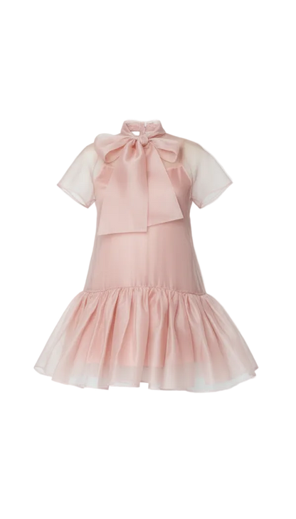Ghost mannequin Pink dress with a bow neckline on a white background