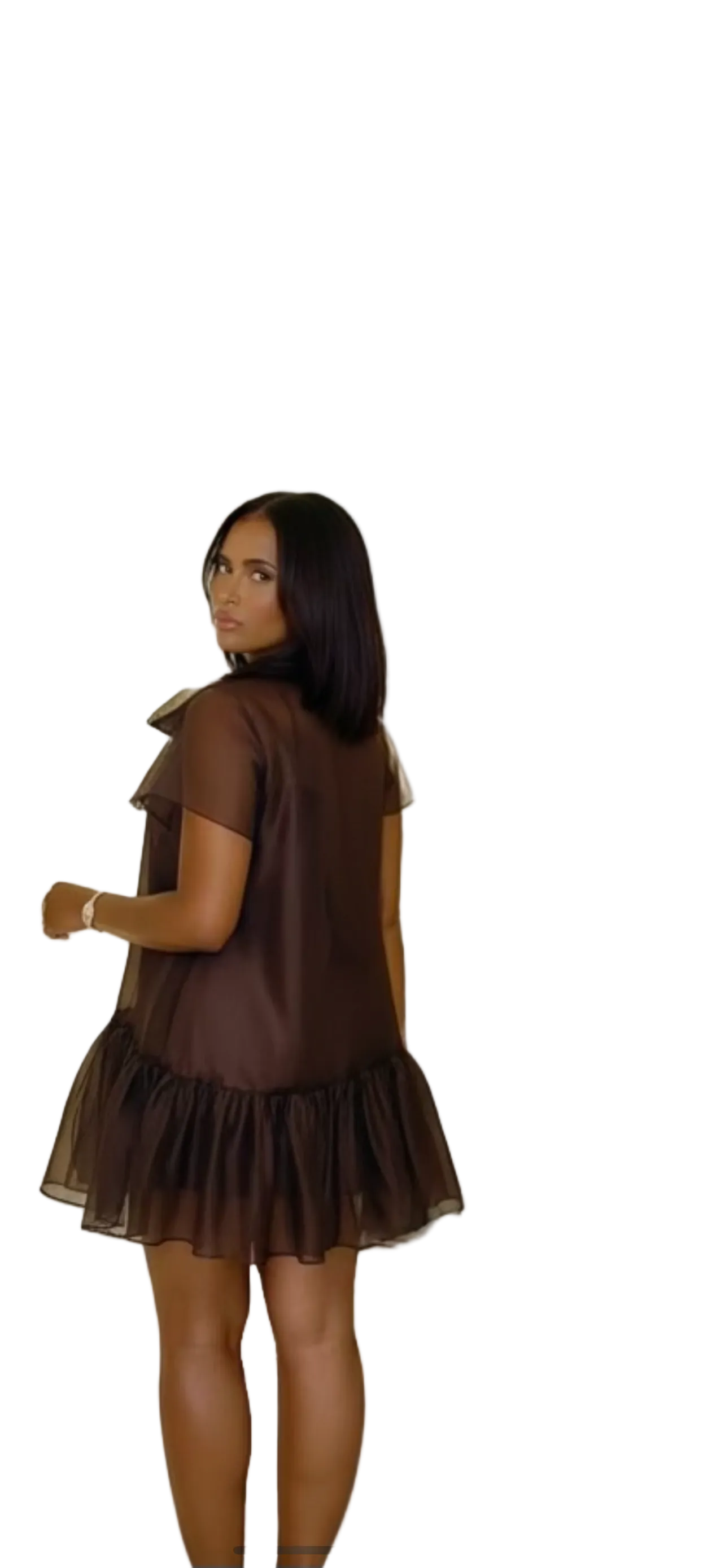 Side view Woman wearing a brown dress on a white background