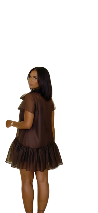 Side view Woman wearing a brown dress on a white background