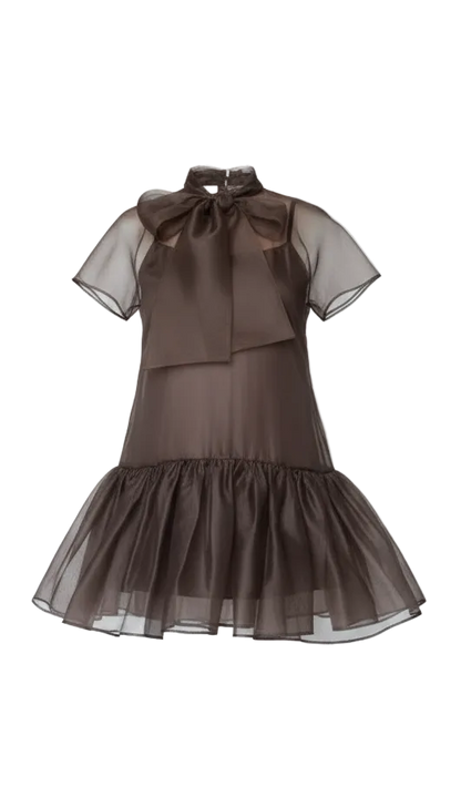 Ghost mannequin Brown dress with sheer sleeves and a bow neckline on a white background