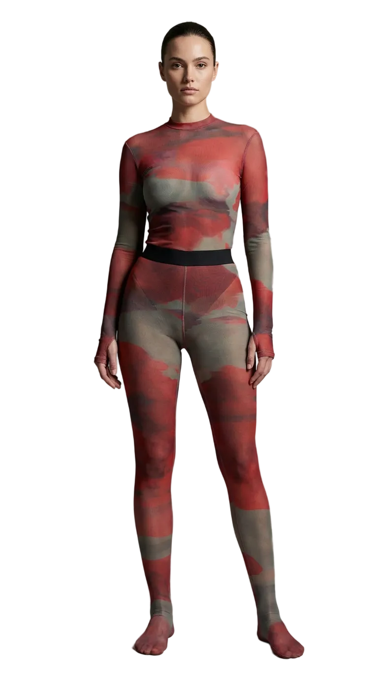 Full-length studio portrait showcasing the sheer Superior Agate Secondskin Burgundy MYCA Set with an abstract mineral print and integrated leggings.