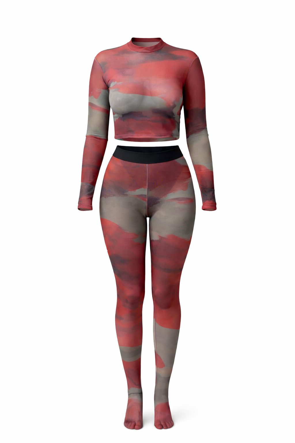 Ghost mannequin detail of the sleeve thumbhole and black elastic waistband on the Superior Agate Secondskin Burgundy MYCA mesh top and leggings.