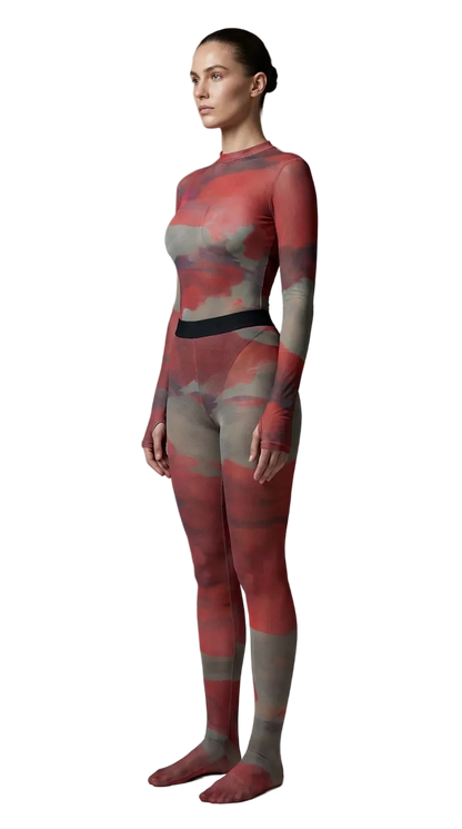 Side angle studio shot of a model wearing a high-neck sheer abstract print Superior Agate Secondskin Burgundy MYCA matching set