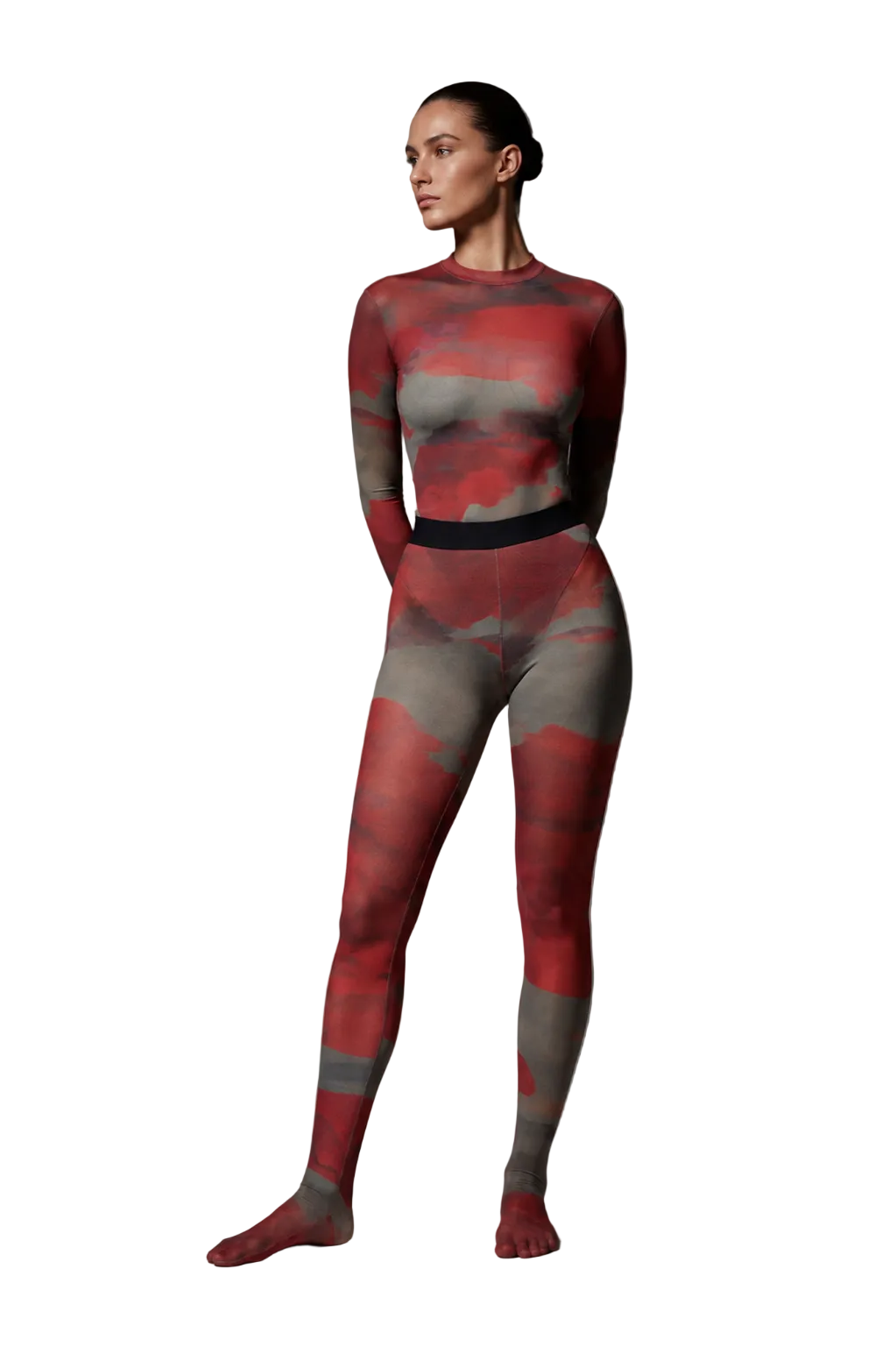 Full-length studio photo of a model wearing the Superior Agate Secondskin Burgundy MYCA Set, highlighting the sheer abstract print and full-coverage footed stocking finish.