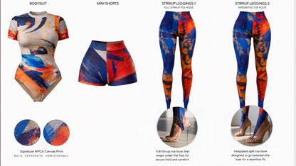 A product showcase image from the MYCA Canvas Body Series Limited Edition, displaying four form-fitting bodycon pieces with a bold, multicolored abstract oil-paint pattern in blue, orange, and red. From left to right, image.png shows a short-sleeved bodysuit, mini shorts, "Stirrup Leggings 1" featuring a full stirrup toe hook, and "Stirrup Leggings 2" with an integrated split toe hook. Close-up insets at the bottom highlight the fabric texture and shoe styling.