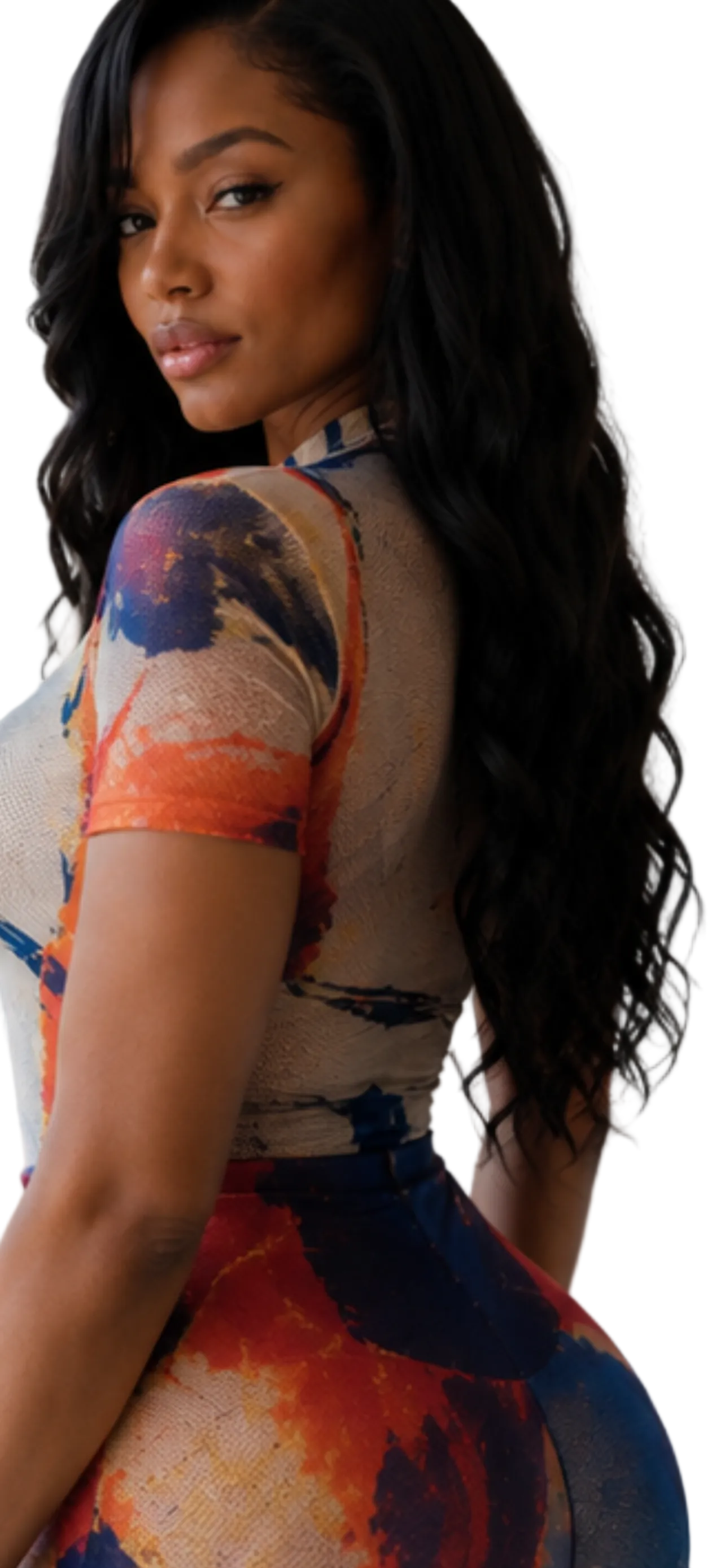 Side profile Model wearing The MYCA Canvas Body Series abstract print bodycon outfit, featuring long wavy black hair and a colorful blue, orange, and red paint stroke pattern over a transparent background grid.