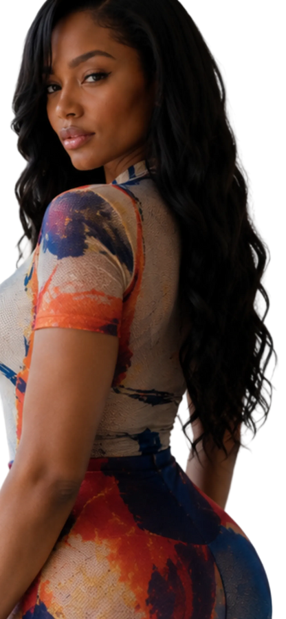Side profile Model wearing The MYCA Canvas Body Series abstract print bodycon outfit, featuring long wavy black hair and a colorful blue, orange, and red paint stroke pattern over a transparent background grid.