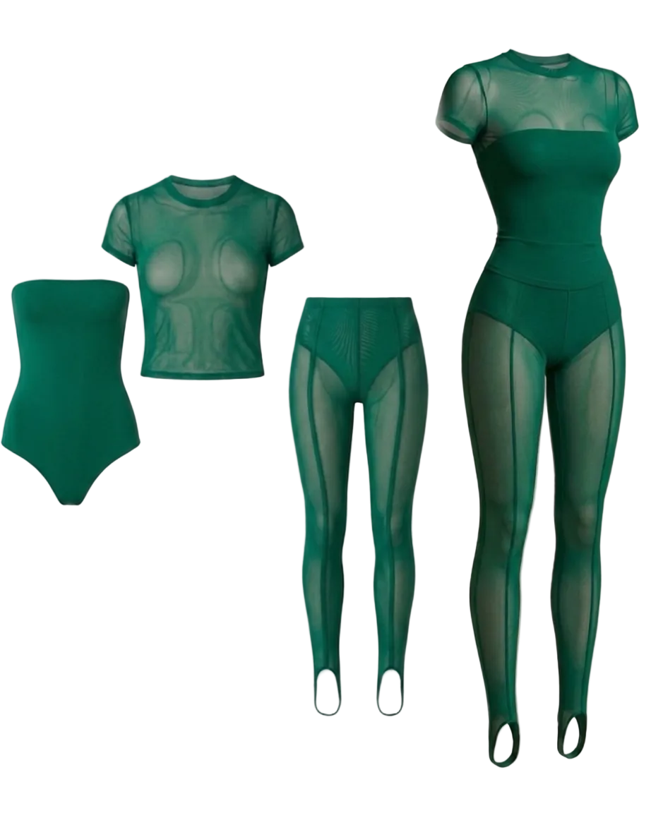 MYCA Malachite SecondSkin sheer green mesh leggings and matching opaque bandeau bodysuit, displaying the symmetrical vertical front seams and contoured leg silhouette ghost mannequin 
