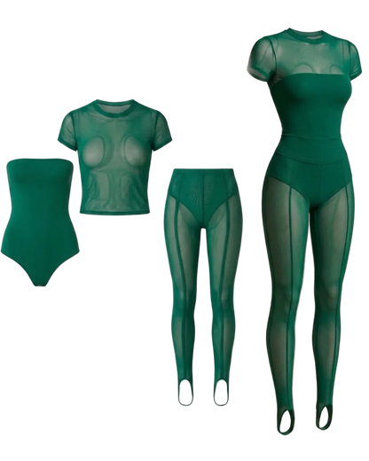 MYCA Malachite SecondSkin sheer green mesh leggings and matching opaque bandeau bodysuit, displaying the symmetrical vertical front seams and contoured leg silhouette ghost mannequin 