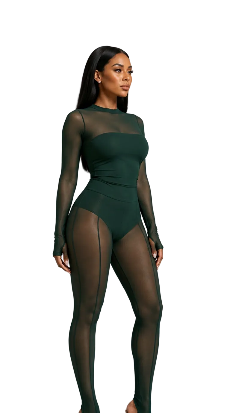 Side angle view of the MYCA Malachite SecondSkin sheer green mesh leggings and matching high-waisted bodysuit, showcasing the contoured side paneling, front seam details, and ultra-flattering stretch fit.