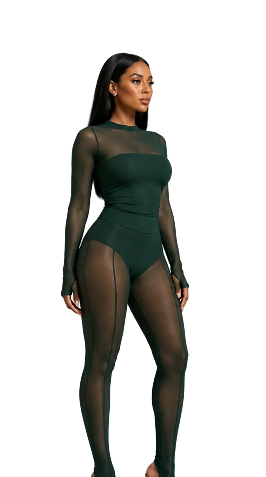 Side angle view of the MYCA Malachite SecondSkin sheer green mesh leggings and matching high-waisted bodysuit, showcasing the contoured side paneling, front seam details, and ultra-flattering stretch fit.