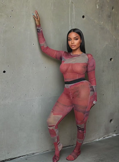 Limited Drop|Superior Agate Red Mesh Stocking Co-ord | Marbled Blouse Set | MYCA